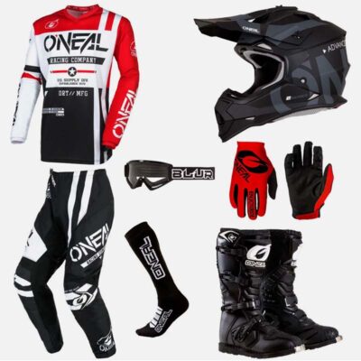 کلاه موتور کراس، ست لباس، دستکش، عینک کراسی و جوراب ساق بلند مشکی